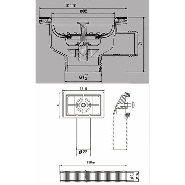 Vask afløb med overløb firkantet rustfrit stål kurv 110 mm 1??, rustfrit stål + ABS, afløb + kurv