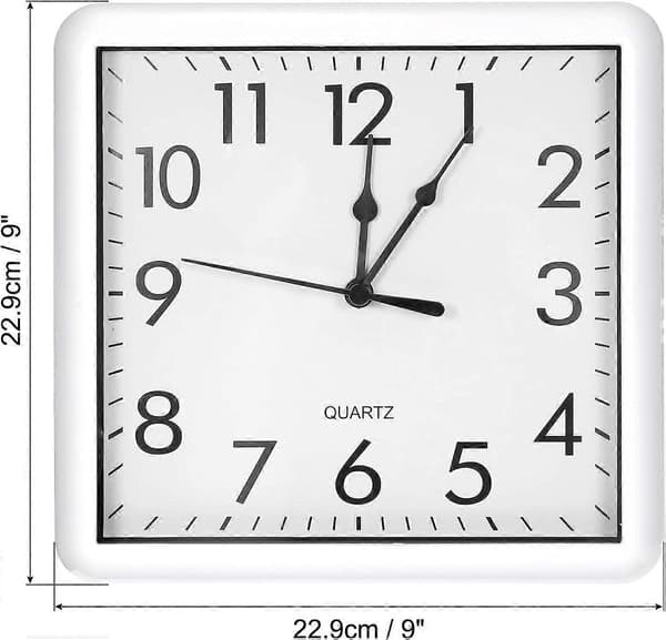 9x9 Inch Wall Clock, Quartz Battery Operated Silent Non-Ticking Square Wall Clocks, White