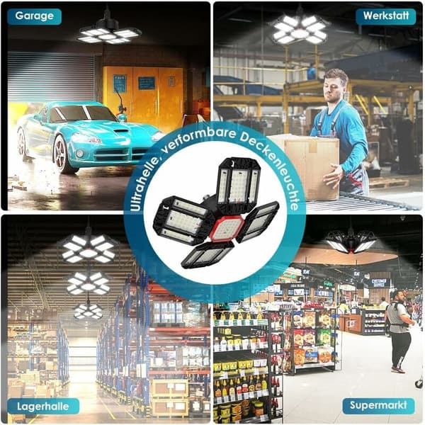 200W LED-værkstedslys Garagebelysning 1 stk 6500K Deformerbar Loftlampe med 12 Justerbare Paneler - E26 / E27 Hall-lys til Kælder Butik Værksted