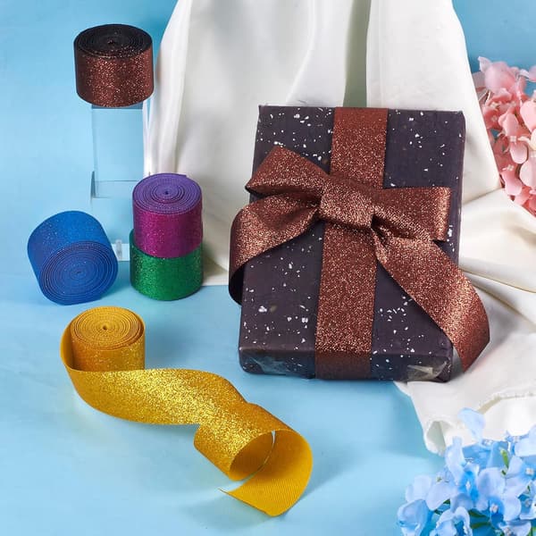 Julehåndværksbånd 5 ruller 1-5/8 tommer polyester sykludbånd glitrende gaveindpakning til blomsterbuket kranspynt feriefest