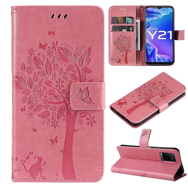 For vivo Y21/Y21s/Y33s Tree & Cat Embossing Pattern Horizontal Flip PU Leather Case with Holder & Card Slots & Wallet & Lanyard [DB] Pink Pink