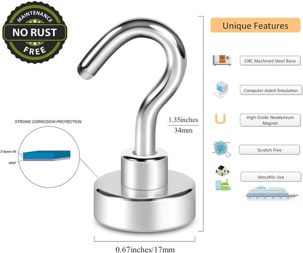 10-pack Magnetic Hooks, 10kg+ Strong Magnet with Refrigerator Hook, Heavy Duty Cruise Hook for Ceiling, Magnetic Hook