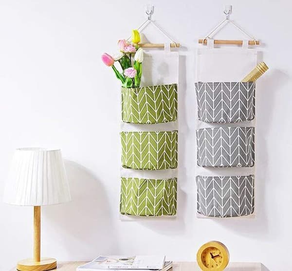Cute Linen Fabric Hanging Storage Bag Behind Foldable Wall Door