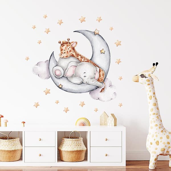 Tecknad måne liten rådjur god natt djur väggdekal, baby barnrum flicka sovrum vardagsrum väggdekal
