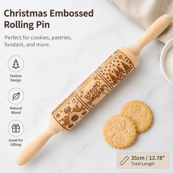 Nativity Scene Wooden Embossing Rolling Pin, Kitchen Baking Tool with Various Patterns