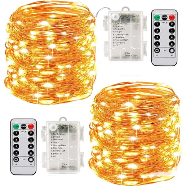 x 10m Battery Operated LED String Lights 100 LED Bulbs Timer Function with Remote Control IP65 for Christmas Wedding Party Home Garden Yellow Light
