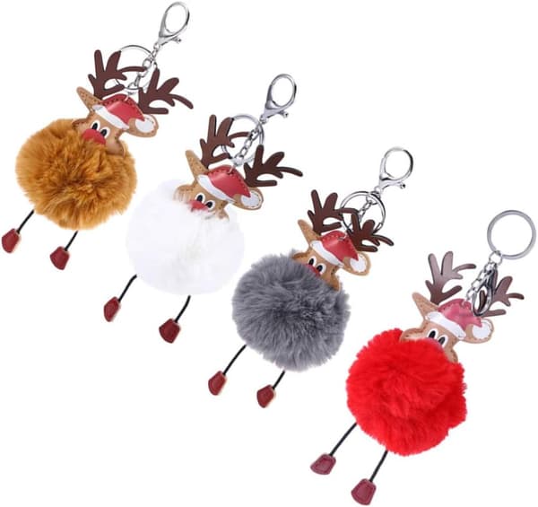 4 stycken julnyckelringar med pompomar, pälshänge, renform