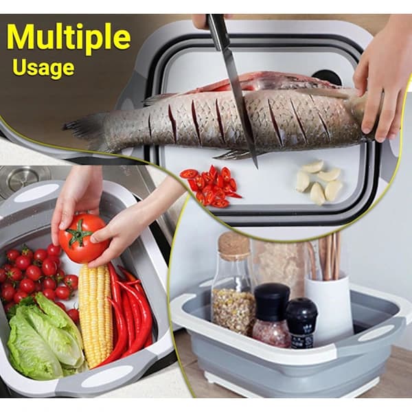 3-in-1 Foldable Cutting Board - Kitchen Tub with Sink & Drain - Space-Saving, Portable for Kitchen, Camping (1 pc, Gray)
