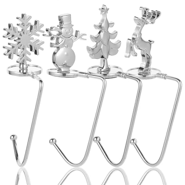 Christmas Stocking Hook Iron Mantel Hook Decorations for Fireplace Silver Hanging Stockings 4pcs