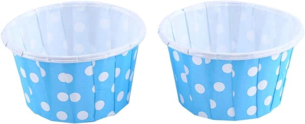 100 disposable mini muffin cups, ideal for cupcakes, muffins and brownies, blue polka dot pattern