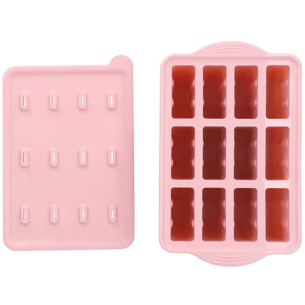 12-gitter silikoneform til is med låg og 50 pinde, pink