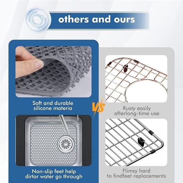 Silicone Sink Mat, 2-Pack Kitchen Sink Protector with Center Drain, Heat Resistant Non-Slip Foldable Sink Mat