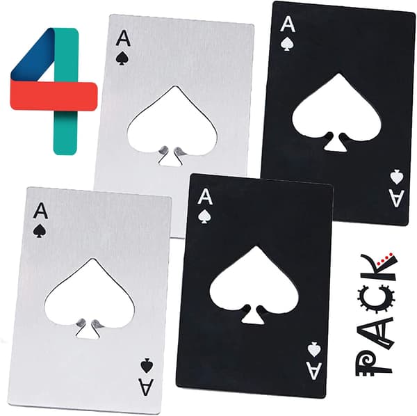 4 stk pokerformede flaskeåpnere, kredittkortformede egnet for