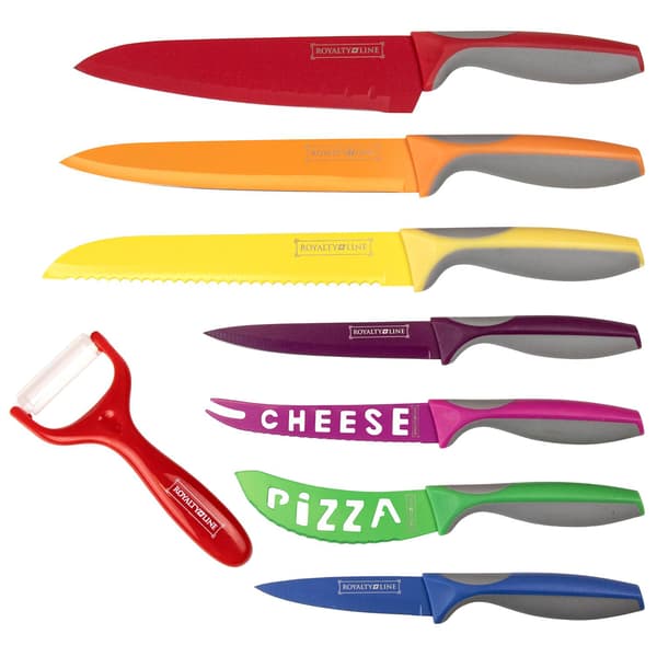 Flerfarget knivsett med 7 kniver og potetskreller multifärg multicolor