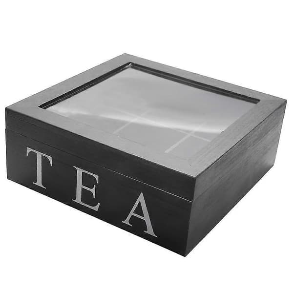 2x Wooden Tea Box with 9 Compartments Teabag Holder Storage Box Square Gift Box Case Transparent Top Lid B