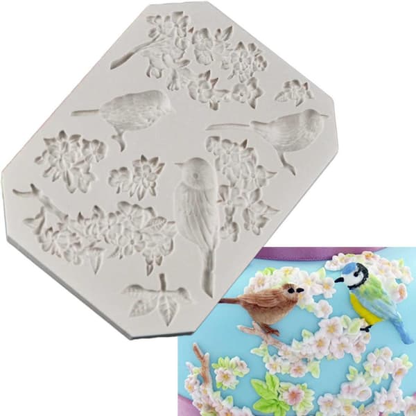 Fugle Blade Blomster Kirsebærblomster Silikoneform Vit white