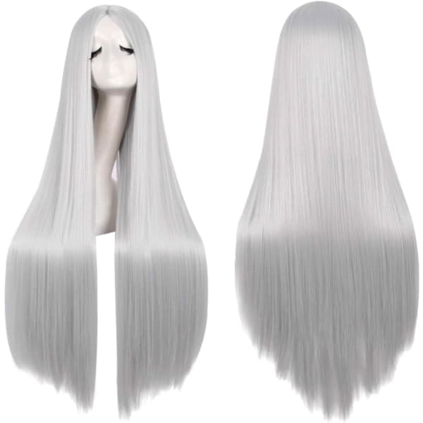 32 tommer 80 cm lang lyserød cosplay-paryk til kvinder, glat syntetisk hår, fuld paryk med midterskilning til fest - grå