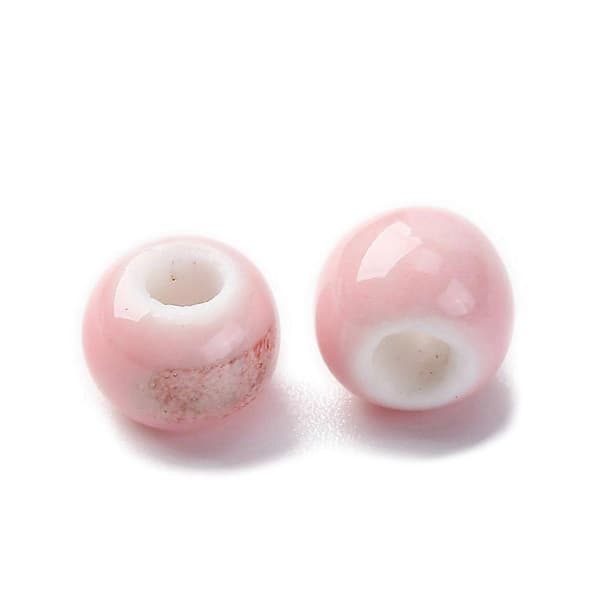 Håndlavede porcelænsperler, runde, lyserøde, 6~7x5~6mm Hul: 2mm