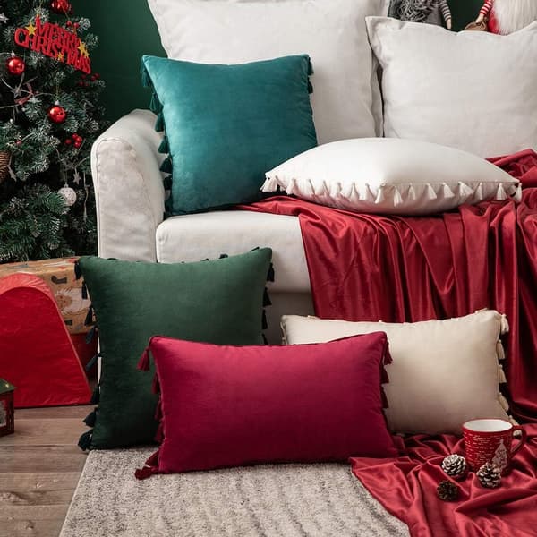 2-pak fløjlsbløde ensfarvede dekorative pudebetræk med kvaster Boho pudebetræk til sofa seng 50x50cm Armygrøn Mørkegrøn 45*45cm Dark green 45*45cm