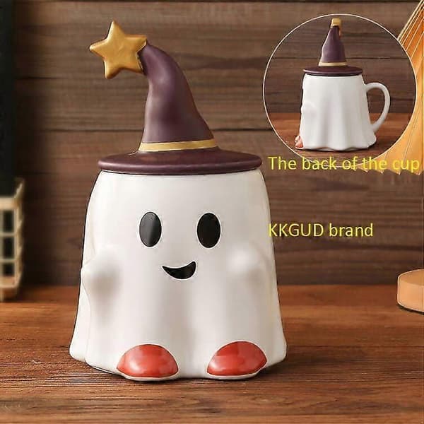 Funny Teacup, Ceramic 33 cl Halloween Coffee Mug with Lid - Friendly Ghost (White)