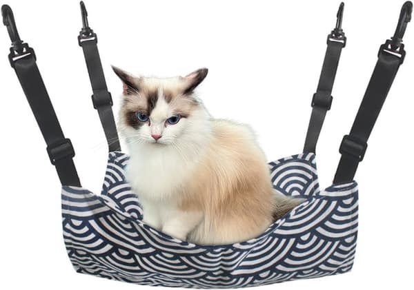 Cat Hammock - Hanging Pet Bed with Hooks, Adjustable Straps - for Kittens, Puppies, Small Pets - 53*35 cm - Blue Stripes
