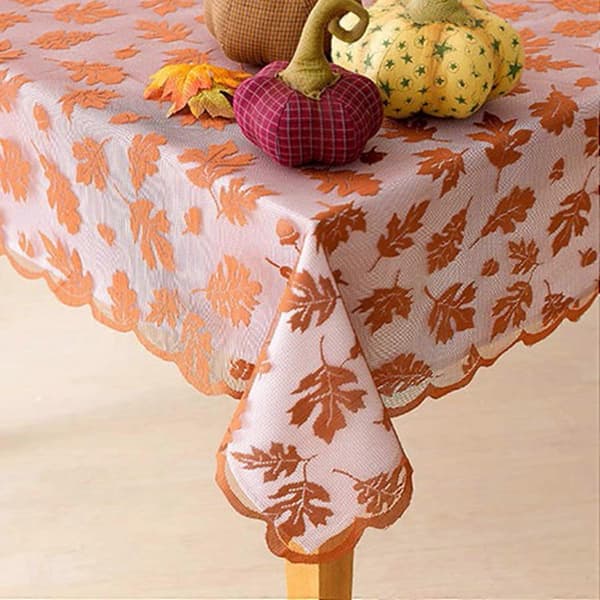 Maple Leaf Tablecloth, Brown Rectangle, Lace Tablecloth, Thanksgiving Decoration, Autumn Table Linen Pe