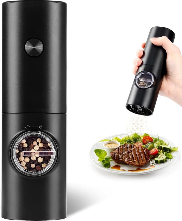 Electric Pepper Mill or Salt Grinder, Battery Operated Automatic Pepper Grinder, Refillable Salt Grinder, One-Hand Operation