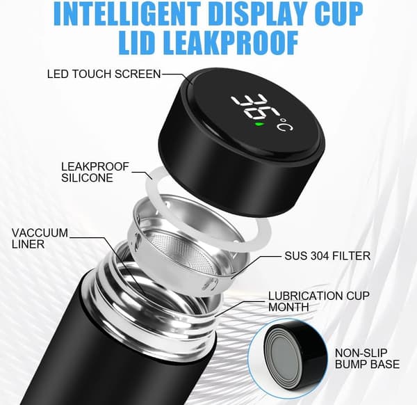 Mini Rustfri Isolert Vannflaske, 300ml Smart LED Temperaturdisplay, Lekkasjesikker, for Løping, Skole, Kontor|Svart
