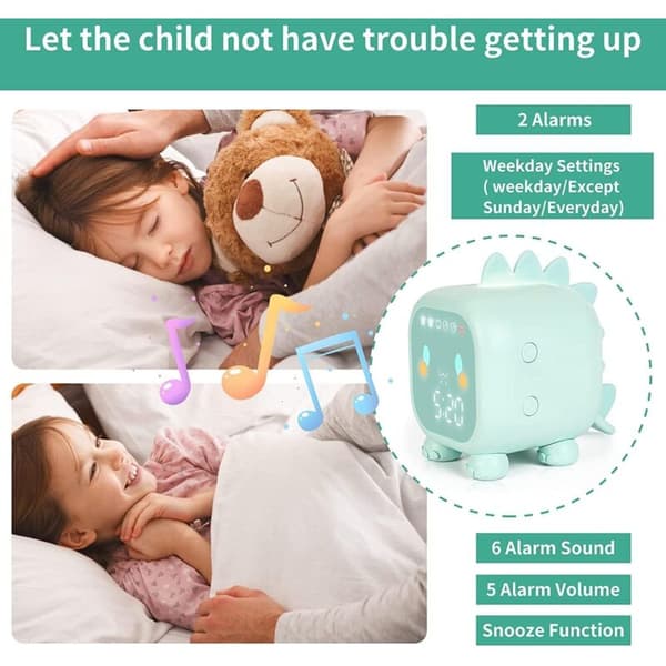 Cute Kids Alarm Clock, Multifunctional Adjustable Night Light Countdown Snooze Voice Control Rechargeable Clock (Green)