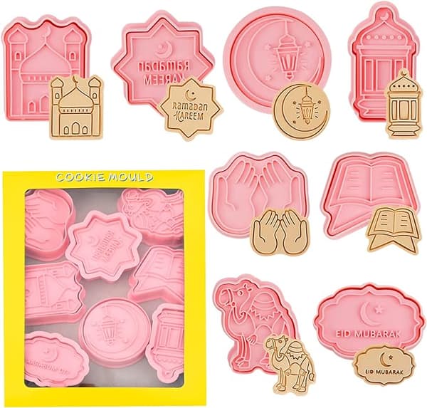 Eid Mubarak 8-delars kakformset, Ramadan-kakformar med 3D-kolvstämpel, DIY-bakform i silikon