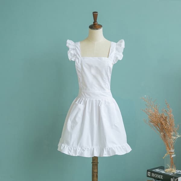 Victorian Cotton Maid Apron with Ruffle and Pockets, Adjustable Crisscross Back for Cosplay, Kitchen Baking, White