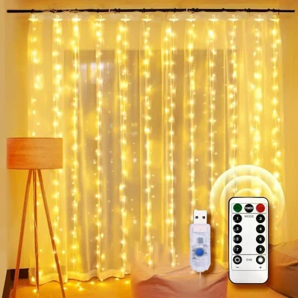 USB 300 LED Lyslenke Gardin - 3m*3m - 8 lysmoduser - Vanntett IP65 med timer og fjernkontroll