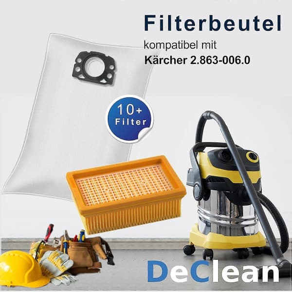 10 dammsugarpåsar + 1 filter kompatibla med Kärcher fleecefilterpåsar KFI 487, 2.863-006.0