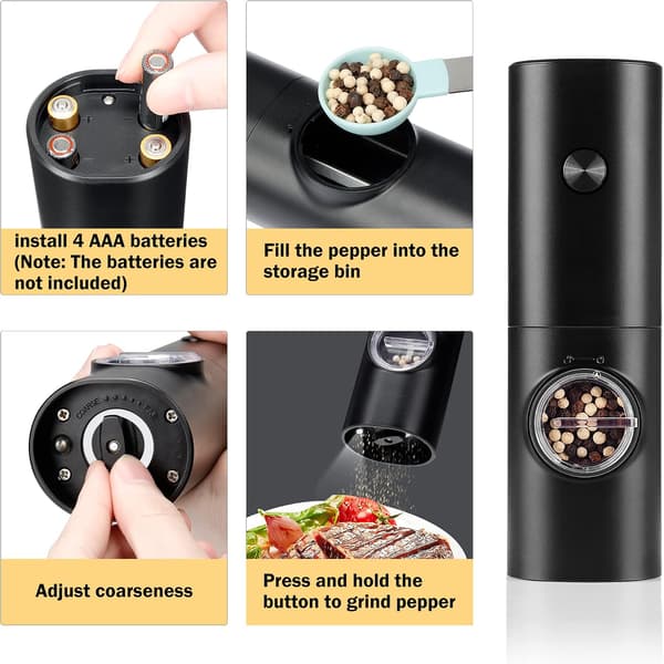 Electric Pepper Mill or Salt Grinder, Battery Operated Automatic Pepper Grinder, Refillable Salt Grinder, One-Hand Operation