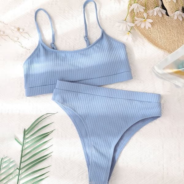 Ribbad bikini med hög midja för kvinnor, ljusblå M-US8 Blå M Blå M Blue M