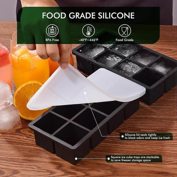 Ice Cube Tray, Freezer Ice Molds with Lid, Easy Release Large Ice Cube Molds, Silicone Ice Cube Tray for Whiskey, Stackable Square Ice Mold for