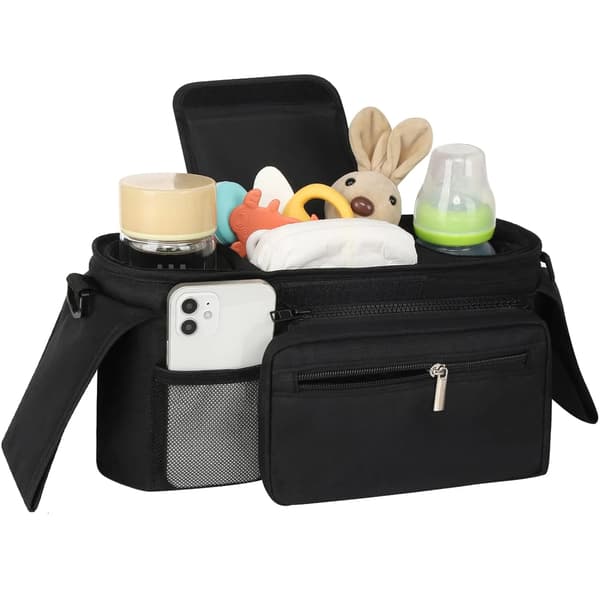 Universal Stroller Organizer with Insulated Cup Holders and Detachable Phone Pouch for Strollers Black