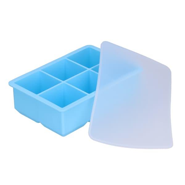 Large Silicone Ice Tray with Lid - 6 Cavity Ice Maker for Ice Cubes, Cakes, Chocolate, Pudding (Sky Blue)