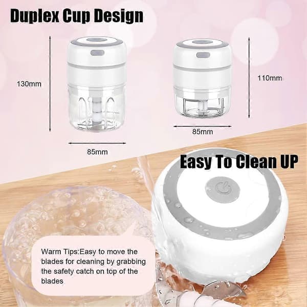 Mini Electric Onion Chopper with 2 Bowls, Multi Electric Kitchen Chopper 250ML+100ML, USB Rechargeable for Vegetables Fruit Meat (White)