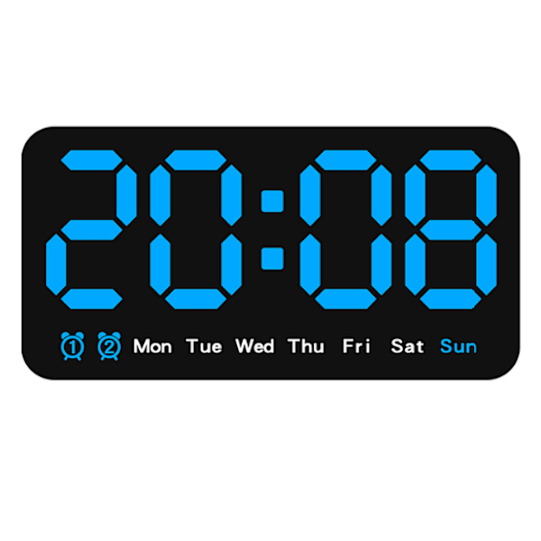 Digital Vægur, LED Digitalt Ur, 12/24 Timer, Store Tal, Lydløs, Blå blue