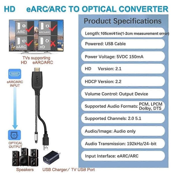 192KHz HDMI-kompatibel EARC/ARC til optisk lydkonverter Lydudtræksadapter til hjemmebiograf Dolby/DTS 5.1