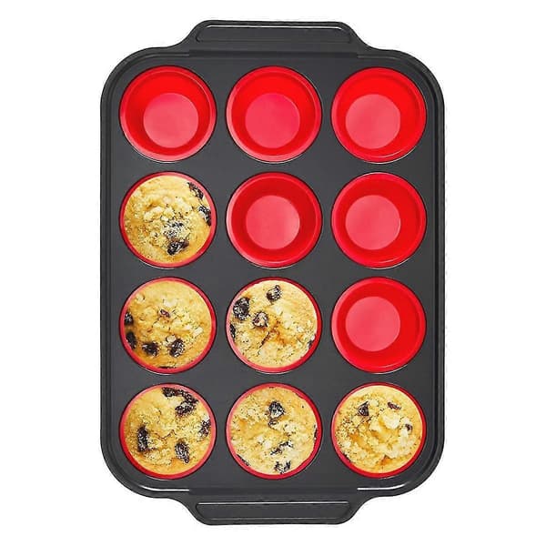 Silikone muffinsform med metalram, silikone æggebidsforme til bagning, muffinsforme 12 normale størrelser røde