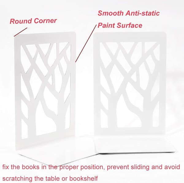 Bookends, (White) 2 Pairs Innovative Metal Bookends Tree Book Press