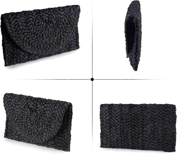 Dame Halm Aften Clutch Sommer Strandtaske Halmvævet Konvoluttaske, sort