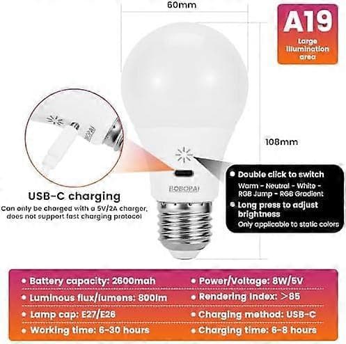 Rechargeable Lamp with Remote Control, 8W Smart RGB Color Changing Bulb, 9+3 Color Temperatures, E27 LED Dimmable Touch Control Lights W [DB]