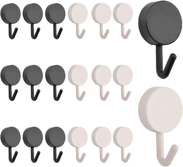 20 Pcs Black & White Self-Adhesive Plastic Hooks, Removable Wall Hooks for Bathroom, Kitchen, Office, Wardrobe, Glass Black White