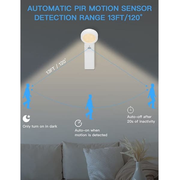 LED-nattlys med bevegelsessensor, USB-oppladbart nattlys, skapbelysning med 3 moduser (6 LED, varmt lys)