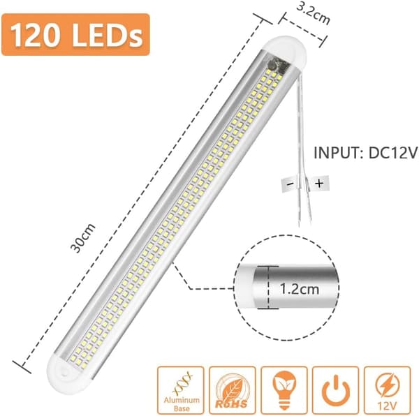 2 ST 12V Interiörljusramp 120 LED med På/Av-knapp, Vit Strip Ljusramp för Bil/Lastbil/Husbil