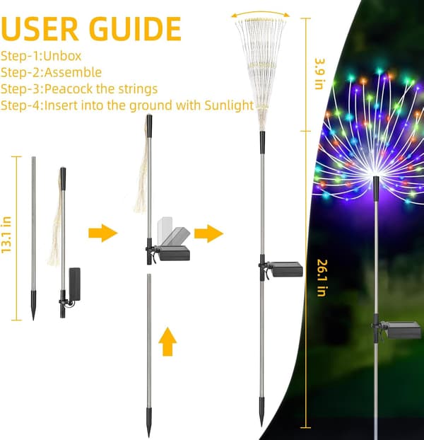 2-pack Solar-Powered Firework Lights Outdoor 150 LED 8 Lighting Modes (Warm White)
