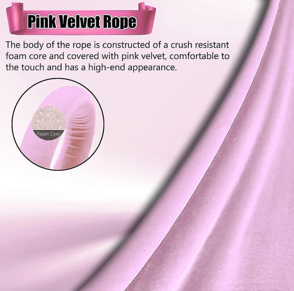 5 ft Velvet Rope Pink, 4-pack Crowd Control Rope Safety Queue Barrier with Silver Hook, VIP Rope Compatible Party Events Decor-G